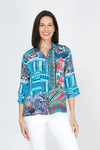 Beau Chemise Mixed Blues Blouse.  Patchwork of scarf prints with a vintage feel.  Pointed collar button down with elbow length cuffed sleeves.  Straight hem.  Relaxed fit._t_59783357530478