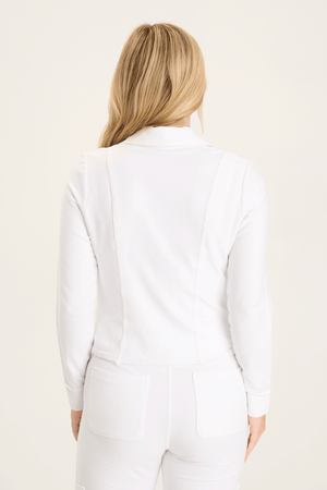 XCVI Tacie Blazer in White.  Peaked lapel button down cropped blazer in stretch twill.  Contour seams, long sleeves.  2 front diagonal pouch pockets.  Raw edges.  Rolled trim. Relaxed fit._59589007802734