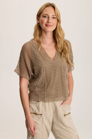 XCV Centre Top in Tanglewood.  2 piece top with jersey tank and crochet open weave top layer.  Short dolman sleeve.  V neck.  Crochet design at side seams.  Contour seams.  High low hem.  Classic fit._59776865304942