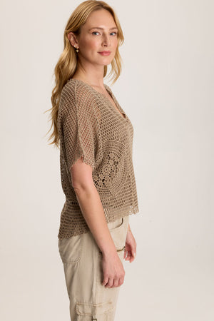 XCV Centre Top in Tanglewood.  2 piece top with jersey tank and crochet open weave top layer.  Short dolman sleeve.  V neck.  Crochet design at side seams.  Contour seams.  High low hem.  Classic fit._59776865337710