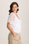 XCV Centre Top in White.  2 piece top with jersey tank and crochet open weave top layer.  Short dolman sleeve.  V neck.  Crochet design at side seams.  Contour seams.  High low hem.  Classic fit._t_59776865436014