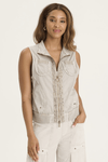 XCVI Grindelle Vest in Whitecap, an off-white.  Convertible collar zip front sleeveless vest.  Distressed Jersey zipper placket.  2 front breast pockets, ribbed insets at banded hem.  Classic fit._t_59594278306158