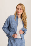 XCVI Burris Jacket in Pacific.  Stand collar zip front jacket with elastic hem.  Brass zipper with toggle.  Long sleeve with elastic cuff and cinch toggle down center sleeve.  Cropped length.  Relaxed fit._t_59776243564910