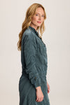 XCVI Burris Jacket in Silken Pine.  Stand collar zip front jacket with elastic hem.  Brass zipper with toggle.  Long sleeve with elastic cuff and cinch toggle down center sleeve.  Cropped length.  Relaxed fit._t_59776243695982