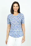 Top Ligne Dotted Lines Crew Top in Blue and white. Abstract dot and line print.  Crew neck with banded neckline.  Short sleeves.  Curved hem.  Crinkle fabric.  Relaxed fit._t_35741159719112