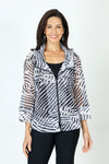 Top Ligne Mixed Stripes Mesh Jacket in Black/White animal print.  Broad wide collar zip front mesh jacket.  3/4 sleeve with cuff.  Inset flounce at hem.  Relaxed fit._t_59662975828334