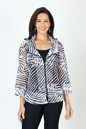 Top Ligne Mixed Stripes Mesh Jacket in Black/White animal print.  Broad wide collar zip front mesh jacket.  3/4 sleeve with cuff.  Inset flounce at hem.  Relaxed fit._59662975828334