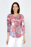 Top Ligne Tropical Print Crew in Multi.  Bright red, purple and burgundy leaf print with white.  Banded crew neck, 3/4 sleeve crinkle top.  Curved hem.  Relaxed fit._t_59771983626606