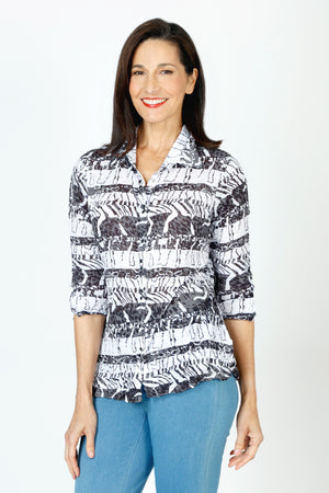 Top Ligne Ancient Print Snap Front Shirt in Black/White.  Pointed collar crinkle fabric snap front shirt.  Pairs of 2 snaps with black cover.  3/4 sleeve.  Shirt tail hem.  _59670237479278