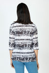 Top Ligne Ancient Print Snap Front Shirt in Black/White.  Pointed collar crinkle fabric snap front shirt.  Pairs of 2 snaps with black cover.  3/4 sleeve.  Shirt tail hem.  _t_59670237446510