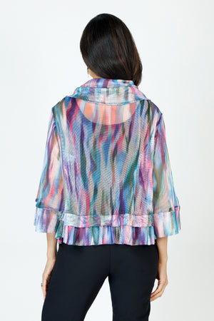 Top Ligne Color Streaks Mesh Zip Jacket in Multi.  Wide collar zip front mesh jacket with flounce inset at hem.  3/4 sleeve with sewn cuff.  A line shape. Relaxed fit._59662810022254