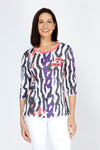 Top Ligne Lines Button Tab Top.  Multi black, red and purple abstract vertical line print.  Crew neck 3/4 sleeve crinkle top.  Double layer at the neck, cuff and hem.  Raw edges. Relaxed fit._t_59771949023598