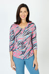 Top Ligne Colorful Stripes V Neck Top in Multi.  Bright zebra-inspired multi colored streaks.  V neck crinkle top with 3/4 sleeve.  Shirttail hem.  Relaxed fit._t_59670286762350