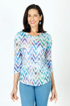 Top Ligne Chevron Crew in Multi.  Bright ombre and white chevron pattern.  Crinkle top with crew neck and 3/4 sleeve.  Curved hem.  Relaxed fit._t_59647798083950