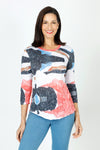 Top Ligne Abstract Streaks Crinkle Top.  Black, red and blue abstract print on white.  Crew neck crinkle top with 3/4 sleeve. Curved hem. Red trim at neckline.  Relaxed fit._t_59670432842094