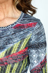 Top Ligne Contrast Patterns Crew in Black/White.  Mixed patterns in black and white with yellow and red accents.  Banded crew neck 3/4 sleeve crinkle top.  Curved hem.  Relaxed fit._t_59570792759662