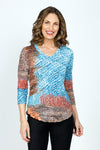 Top Ligne Aqua Aura V Neck.  Crinkle v neck in Aqua brown and rust. Abstract diagonal watercolor print.  V neck, 3/4 sleeve crinkle top with curved hem.  Relaxed fit._t_59570727846254