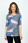 Top Ligne Space Warp Crinkle Top with Buttons & Tabs in Multi.  Black and white warped grid print with splashes of pink and blue.  Banded crew neck long sleeve top.  Straight hem.  Double tab detail at left breast with double button trim.  White raw edge insets at neck, hem and cuff.  Relaxed fit._t_59571122012526