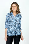 Top Ligne Retro Ripples Snap Front Shirt in Blue.  Wavy print in light blue on a navy rose print background.  Pointed collar snap front shirt with pairs of navy covered snaps.  3/4 sleeve with split cuff and lace detail.  Relaxed fit._t_59570623119726