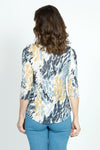 Top Ligne Animal Print Crinkle V Neck in Blue/Gold.  Banded v neck crinkle top in abstract animal print.  3/4 sleeve.  Curved hem.  Relaxed fit._t_52933696422254