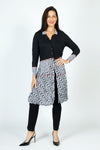 Top Ligne Waves & Dots Duster in Black/white.  Pointed collar in swirl print snap front with pairs of red snaps.  Black bodice.  Asymmetric swirl print skirt with red accents.  3/4 sleeve with printed cuff.  Crinkle fabric.  Relaxed fit._t_59598841250158