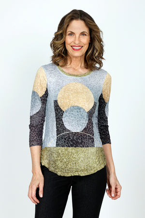 Top Ligne Artistic Orbs Crinkle Crew in Black/White/Gold.  Banded crew neck, 3/4 sleee top.  Curved hem.  Relaxed fit._59571207962990