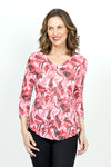 Top Ligne Swirly V Neck in Pink.  Rose embossed print with pink swirl overprint.  V neck 3/4 sleeve top with curved hem.  Relaxed fit._t_36098251751624