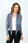 Top Ligne Cosmic Chips Cardigan in Black Multi.  Small goemetric print.  Open front shawl collar topper with long sleeves.  May be tied in front.  Relaxed fit._t_59570529501550