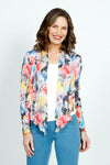 Top Ligne Watercolor Floral Crinkle Cardigan.  Cropped open front crinkle cardigan with draped neck.  Pointed in front with hidden pocket in neck placket.  Long sleeves.  Sewn edges.  Relaxed fit._t_52933845746030