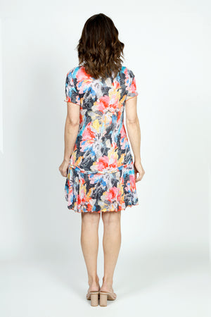 Top Ligne Watercolor Floral Crinkle Dress in Multi.  Bright washed floral print.  Crew neck dress with banded neckline and short sleeves.  Tiered inset ruffle below hip.  Side slits.  Relaxed fit._52933854265710