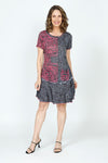 Top Ligne Geo Rose Dress.  Black & gray rose print with pink grid overlay.  Crew neck short sleeve dress with flounce inset from hip to hem.  2 front patch pockets.  Side slits.  Relaxed fit._t_59570387124590