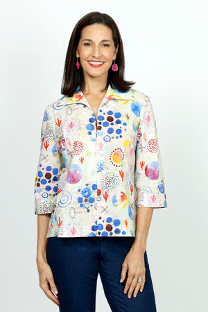 Cali Girls Bubbles Swing Blouse in Multi.  Bright mixed bubble print over a faded batik pattern.  Pointed collar split neck popover.  3/4 sleeve, a line shape.  Relaxed fit.   _59491575234926