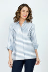 Hinson Wu Xena Striped Zip Back Blouse in French Grey/White stripes.  Pointed collar button down with covered button placket.  3/4 sleeve with turn back checked cuff.  Zip back with  gold tone zipper and inverted back pleat lined in check.  Relaxed fit._t_59519377178990