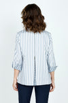 Hinson Wu Xena Striped Zip Back Blouse in French Grey/White stripes.  Pointed collar button down with covered button placket.  3/4 sleeve with turn back checked cuff.  Zip back with  gold tone zipper and inverted back pleat lined in check.  Relaxed fit._t_59519377211758