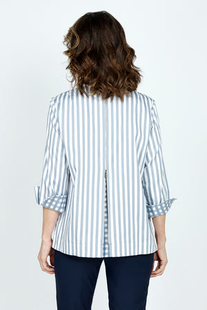 Hinson Wu Xena Striped Zip Back Blouse in French Grey/White stripes.  Pointed collar button down with covered button placket.  3/4 sleeve with turn back checked cuff.  Zip back with  gold tone zipper and inverted back pleat lined in check.  Relaxed fit._59519377211758