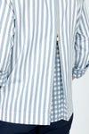 Hinson Wu Xena Striped Zip Back Blouse in French Grey/White stripes.  Pointed collar button down with covered button placket.  3/4 sleeve with turn back checked cuff.  Zip back with  gold tone zipper and inverted back pleat lined in check.  Relaxed fit._t_59519377244526