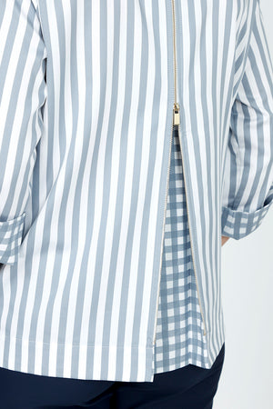 Hinson Wu Xena Striped Zip Back Blouse in French Grey/White stripes.  Pointed collar button down with covered button placket.  3/4 sleeve with turn back checked cuff.  Zip back with  gold tone zipper and inverted back pleat lined in check.  Relaxed fit._59519377244526