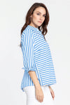 Hinson Wu Xena Striped Zip Back Blouse in Blue/White stripes.  Pointed collar button down with covered button placket.  3/4 sleeve with turn back checked cuff.  Zip back with  gold tone zipper and inverted back pleat lined in check.  Relaxed fit._t_59760153493870