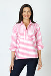 Hinson Wu Aileen Button Back Stripe/Check Blouse in Guava/White.  Pointed collar popover with 2 button placket.  Horizontal stripes on front, gingham check on back.   3/4 sleeve with split roll back cuff.  Center back buttons. Relaxed fit._t_59647633883502