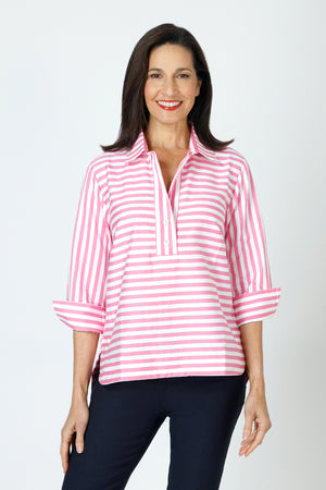 Hinson Wu Aileen Button Back Stripe/Check Blouse in Guava/White.  Pointed collar popover with 2 button placket.  Horizontal stripes on front, gingham check on back.   3/4 sleeve with split roll back cuff.  Center back buttons. Relaxed fit._59647633883502