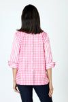 Hinson Wu Aileen Button Back Stripe/Check Blouse in Guava/White.  Pointed collar popover with 2 button placket.  Horizontal stripes on front, gingham check on back.   3/4 sleeve with split roll back cuff.  Center back buttons. Relaxed fit._t_59647633850734