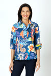 Hinson Wu Aileen Button Back Popover in Multi.  Bright tropical floral print on a medium blue background.  Pointed collar with 2 button placket.  3/4 sleeve with split turn back cuff. Back center buttons.  Relaxed fit._t_59647624085870