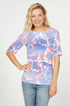 Whimsy Rose Roundabout Banded Elbow Sleeve Tee in Periwinkle Multi.  Swirled print. Reversed colors print on back.  Boatneck, elbow sleeve tee.  Horizontal banded construction.  Straight hem. Relaxed fit._t_59784191246702