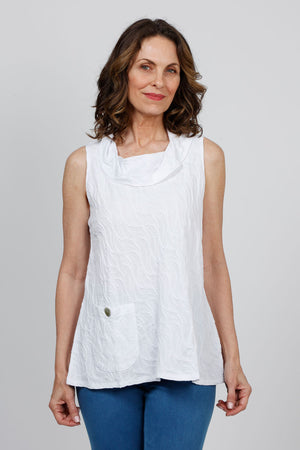 Habitat Cascade Swing Cowl in White. Lime green textured cotton in cascading wave pattern. Crew neck with attached soft cowl. Sleeveless. Single front patch pocket with button trim. A line shape. Relaxed fit._35551458296008