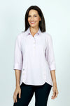 Beau Chemise New Tulip Hem Blouse in Lilac.  Pointed collar popover with 5 button placket.  3/4 sleeve with foldable cuff.  Tulip shaped hem in front with 3 button trim over each leg.   Relaxed fit._t_59407397159278