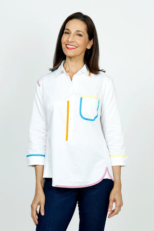  Cali Girls Mixed Trim Popover in White.  Pointed collar popover with 6 button placket.  Asymmetrical placed multi colored tape trim.  Single breast patch pocket.  Curved hem with side insert.  Relaxed fit._59493719736686