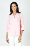 Cali Girls Judy Gingham Blouse in Pink/White.  Mixed size checks.  Pointed collar with open v.  Button front.  3/4 sleeve with fold back cuff.  Single breast patch pocket.  Back yoke with double loop detail.  Side seams wrap slightly to front with curved hem.  Relaxed fit._t_59821610402158