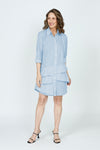 Cali Girls Jenna Stripe Dress in Periwinkle & White Stripes.  Pointed collar button down dress with 3/4 sleeves.  Asymmetric tiered ruffles in front.  Curved hem.  Relaxed fit._t_59563207885166