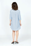 Cali Girls Jenna Stripe Dress in Periwinkle & White Stripes.  Pointed collar button down dress with 3/4 sleeves.  Asymmetric tiered ruffles in front.  Curved hem.  Relaxed fit._t_59563207852398