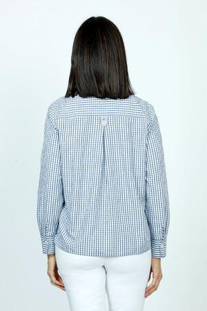 Cali Girls Checked Boyfriend Blouse in Midnight/White. Pointed collar button down check blouse. Long sleeves with bias check button cuff. Side seams wrap to front. Front slits at seams with bias check button tab. Back yoke. Relaxed fit._52926768021870